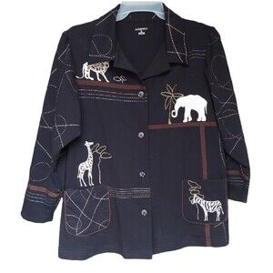 Allison Daley Button Jacket Women's 2X Black Embroidered Jungle Safari Animals